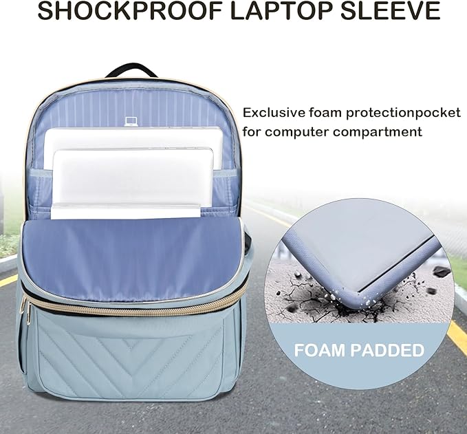 VANKEAN 15.6 Inch Laptop Backpack for Women Work Laptop Bag Fashion with USB Port, Waterproof Backpacks Stylish Travel Bags Casual Daypacks for College, Business, Light Blue