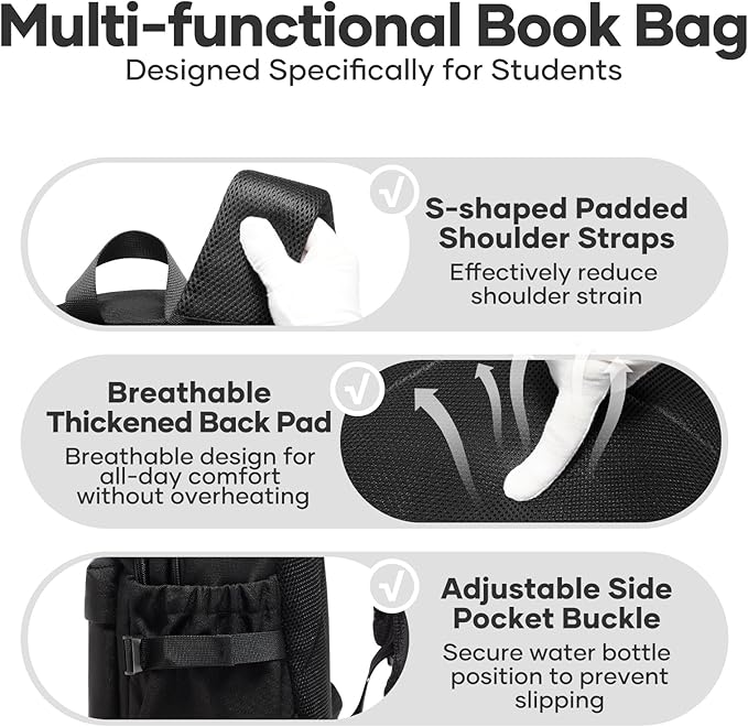 School Bag, Water Resistant School Backpack for Teen Girls Boys, 14 Inch Laptop Backpack for Women Men, Durable Lightweight Bookbag for Middle High School & College, Travel Daypack, Black