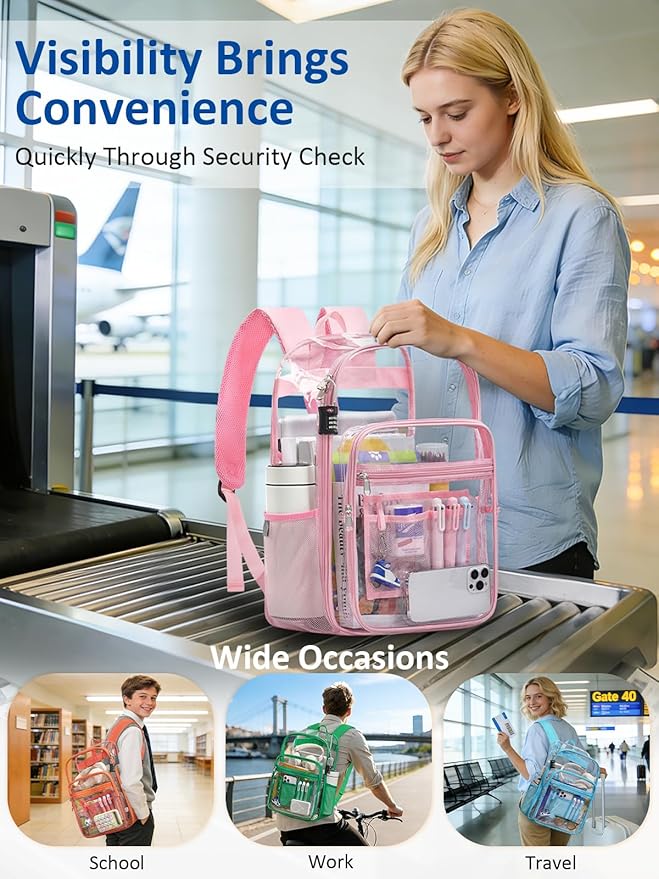 Extra Large Clear Backpack with TSA Lock, Heavy Duty Transparent See Through Clear Bookbag for College, Work, Travel, Casual Sport, Pink