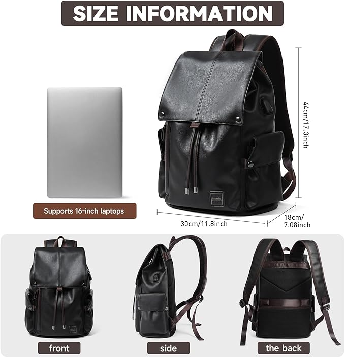 Laptop Travel Backpack For Men Vintage PU Leather Water-Resistant College School Casual 15.6" Laptop Work Backpack Gift For Male Female Black