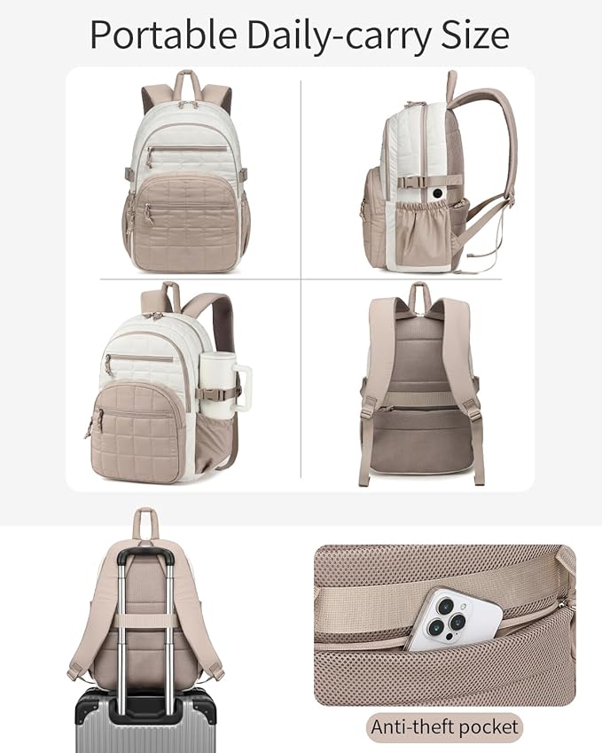 Laptop Backpack for Women, College Bookbag with Tumbler Holder Pocket for Nurse Teacher Work Travel, Quilted Puffer High School Backpack for Girls Big Student, White Camle