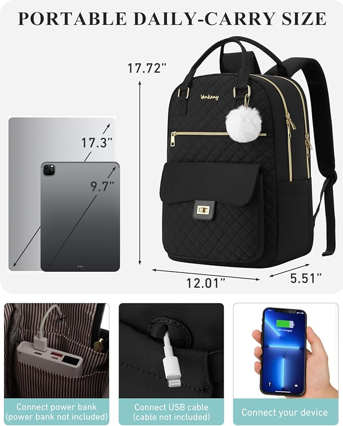 17.3in Laptop Backpack for Women Work Bag, Cute School Backpacks for Teen Girls High School College Bookbag with Charging Hole, Black