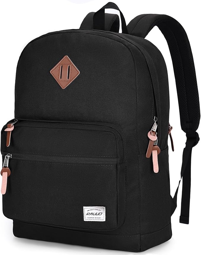 RAVUO Black School Backpack for Men Women | Classic College Bookbag for 15.6inch Laptop, Water Resistant Casual Daypack Schoolbag for Travel, Work