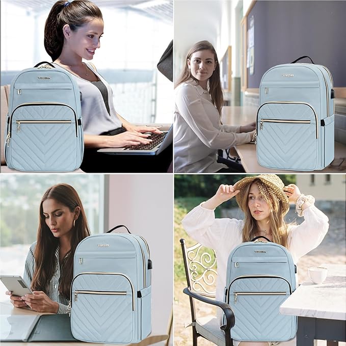 VANKEAN 15.6 Inch Laptop Backpack for Women Work Laptop Bag Fashion with USB Port, Waterproof Backpacks Stylish Travel Bags Casual Daypacks for College, Business, Light Blue