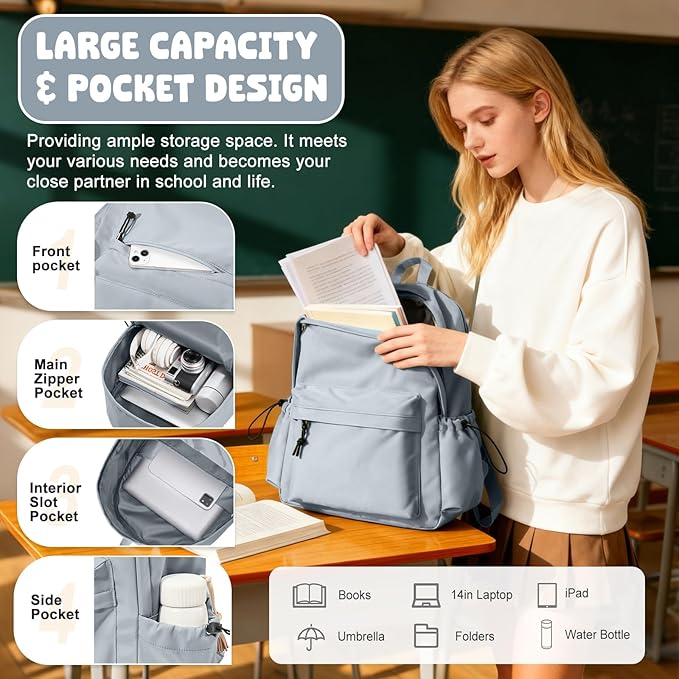 VECAVE School Backpack Blue Waterproof Bookbag Casual Lightweight Travel Rucksack Daypack Backpacks for Men Women College High School Bags backpack for Boys Girls Teens