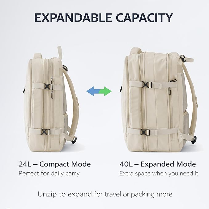 Travel Backpack, Expandable Large Capacity Business Work, Water Repellent Carry On Daypack with USB Charging Port, Fit 17 Inch Laptop, Bag for Men and Women, Beige