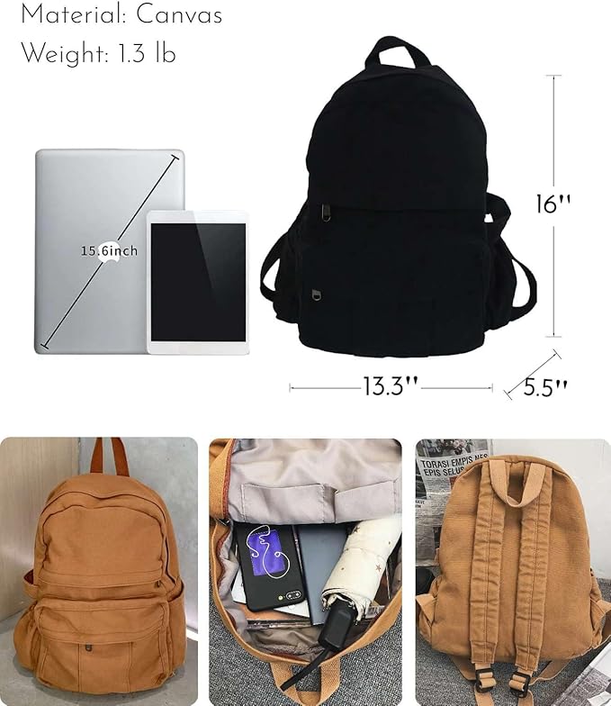 Black Canvas Backpack for Women & Men Retro Aesthetic Rucksack Basic Backpack for High School/College Students Travel Laptop Bag