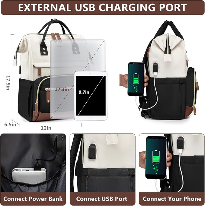 Laptop Backpack for Women, 17 Inch Work Business Backpacks Purse with USB Port, Large Capacity Doctor Nurse Bag Backbag, Waterproof Casual Daypack for Travel,Black-White-Brown