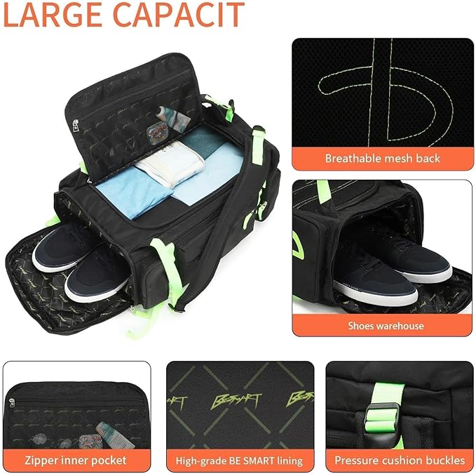 BE SMART 2 in 1 Convertible Gym Duffel Bags with Shoes Compartment - 40L Waterproof Extra Large Workout Backpack for Gym Men, Heavy Duty Sports Duffle Backpacks for Travel, Hiking, Camping, Carry On