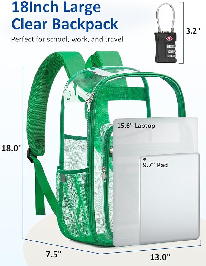 Extra Large Clear Backpack with TSA Lock, Heavy Duty Transparent See Through Clear Bookbag for College, Work, Travel, Casual Sport, Green