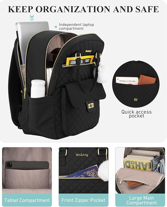 17.3in Laptop Backpack for Women Work Bag, Cute School Backpacks for Teen Girls High School College Bookbag with Charging Hole, Black