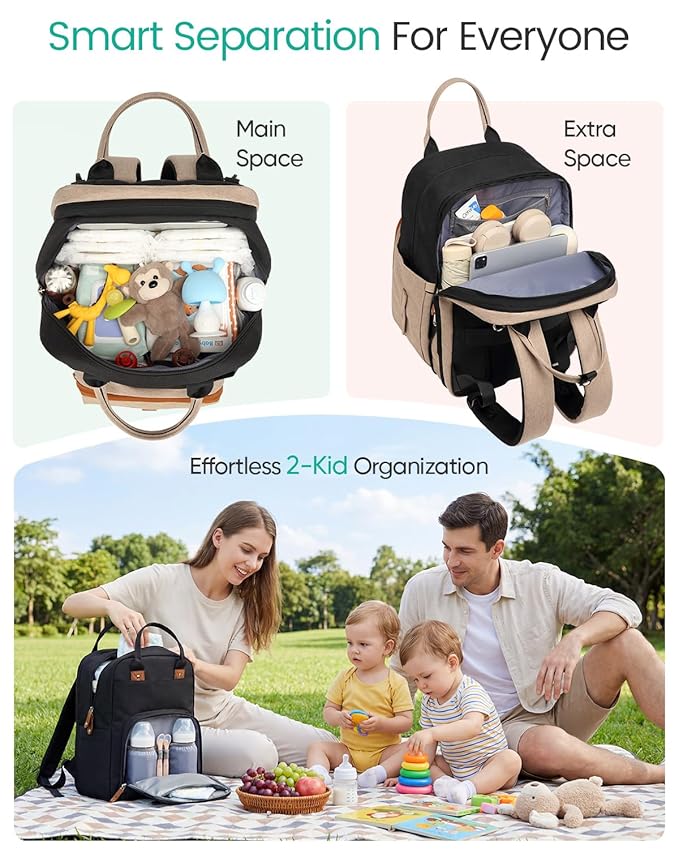 Extra Large Diaper Bag Backpack for Two Kids Twins - Expandable Baby Bag (26-36L), Dual Big Compartments - Includes Changing Pad & Stroller Straps, Unisex Black Khaki