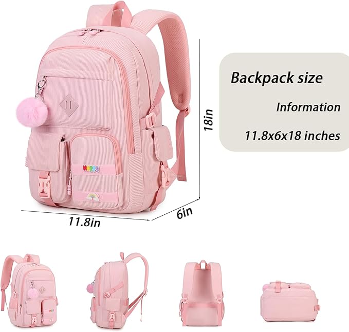 Girls Laptop Backpack Corduroy Bookbag For Teen Big Studen School Bag Durable Travel Daypack (3pink)