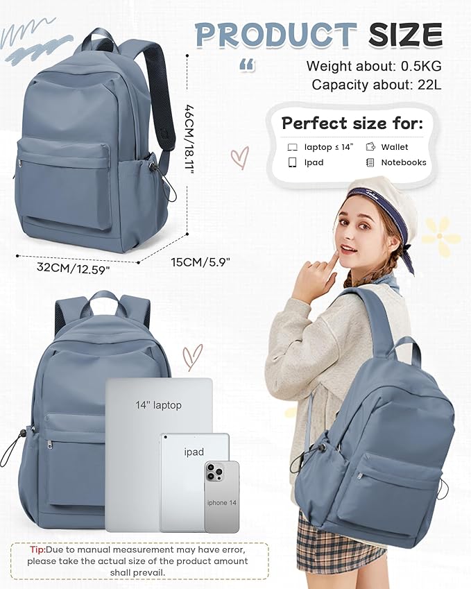 SEAFEW Blue School Backpack for Girls Boys, Small Waterproof Bookbag for Women Men, College Student School Bag, Lightweight Travel Rucksack Casual Daypack,Laptop Backpacks