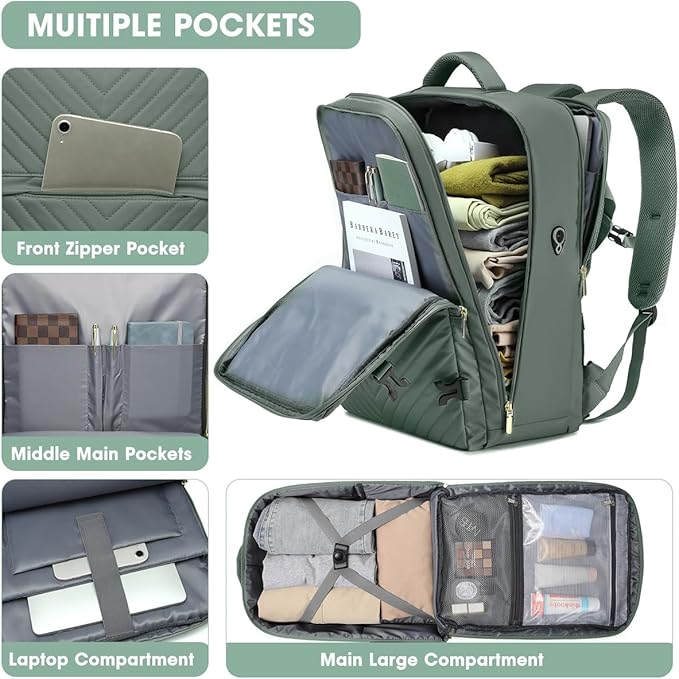 Large Carry On Travel Backpack - Flight Approved Waterproof Luggage Suitcase Backpacks Personal Item Size for Women Men Fit 17 Inch Laptop College Overnight Bag Anti-Theft Weekender Daypack Dark Green