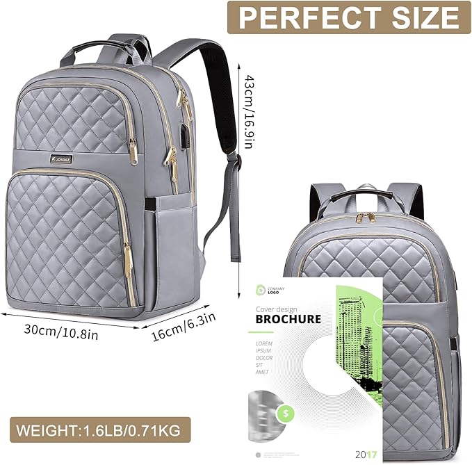 Backpacks for Women, School Backpack for Teen Girls, 15.6 Inch Cute Quilted Laptop Backpack with USB Charging, Large Bookbag for Middle School College Students, Grey
