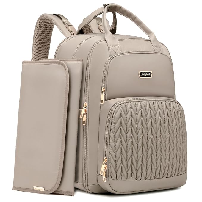 Diaper Bag Backpack - Extra Large Diaper Bag for Two Kids Twins (Expandable 30-38L) - Travel Baby Backpack with Changing Pad for Mom Dad (Quilted, Water Resistant, Brown Taupe)