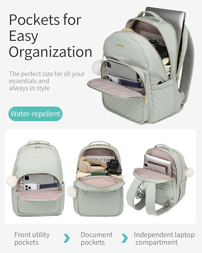 Laptop Backpack Women School Backpack for High School Teen Girls, Water Resistant College Bookbag with Charging Hole for Travel Work, Light Green
