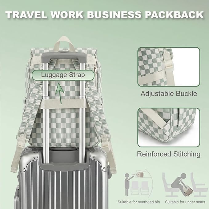 Women Laptop Backpack, Corduroy 15.6" Travel Backpack for Work College Business, Teacher Nurse Bag with Large Capacity School Bookbag Bags for Girls - Checkered Matcha Green