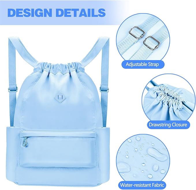 Drawstring Backpack with Wet Pocket Gym Backpack Water-Resistant Cinch String Bag Beach Swim for Women Men