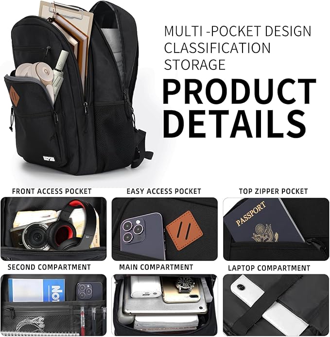 Classic Backpack for Men Women, School Backpack for Girls Boy Teens,17.3 Inch Laptop Bookbag with Reinforced Straps for College High School Work Business Computer Book Bag,mochilas para hombres,Black