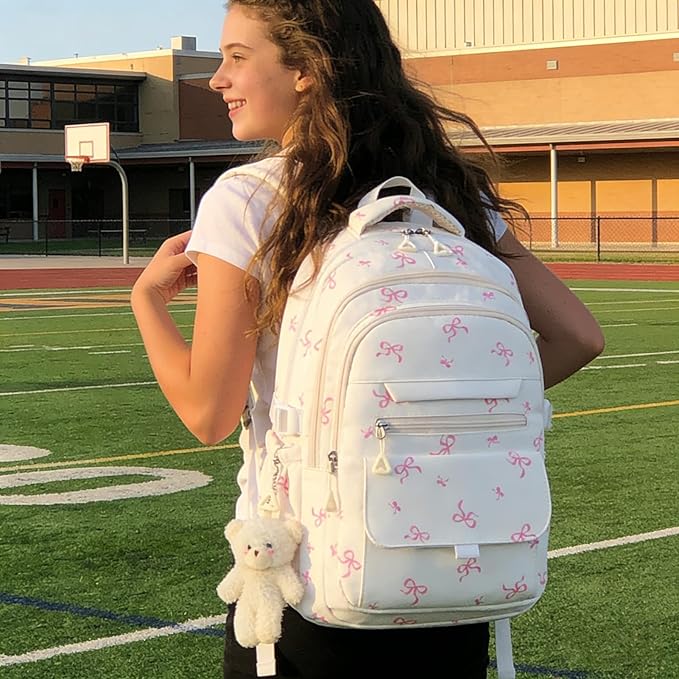 Girls Backpack for College High Middle School Student, Cute Aesthetic Bookbag for Teens Women with Accessories, Beige Bow
