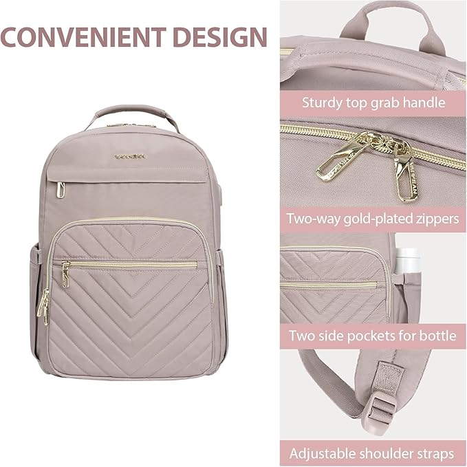 VANKEAN 17.3 Inch Laptop Backpack for Women Work Laptop Bag Fashion with USB Port, Waterproof Backpacks Stylish Travel Bags Casual Daypacks for College, Business, Light Dusty Pink