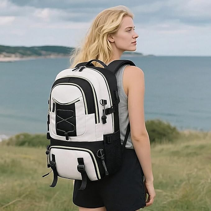 GAEKEAO Travel Backpack For Women Men Airline Approved 16 Inch Carry On Backpack with USB Charging Port Lightweight Casual Daypack for Hiking Business College Black with Beige
