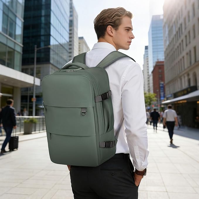Travel Backpack for Men Women, 35L Laptop Backpack W/Shoe Compartment, Water Resistant Flight Approved Fits 15.6-inch Laptop, Grey-green