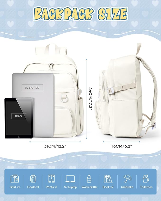 Lightweight Backpack for College & High School Backpack With Lots of Pockets Cute School Bag for Girls Boys, Large Capacity Bookbag for Women Men, Waterproof Teens Casual Daypack Backpack(Beige)