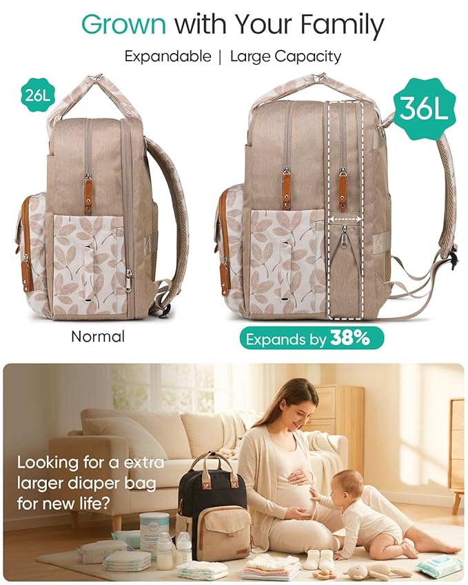 Extra Large Diaper Bag Backpack for Two Kids Twins - Expandable Baby Bag (26-36L), Dual Big Compartments - Includes Changing Pad & Stroller Straps, Unisex Leaf