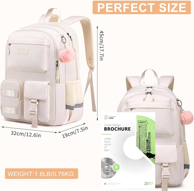 Cute School Backpack for Teen Girls & Women Students - Large 15.6 Inch Laptop Bookbag - College Middle School Travel Backpack with Ergonomic Support, Classic Beige