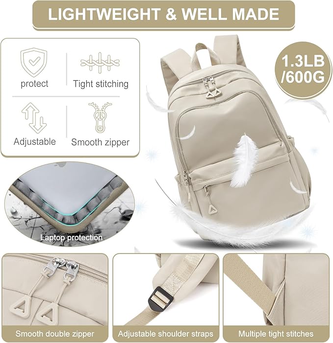 Casual Laptop Backpack for Women Men College Bookbag Waterproof Lightweight School Bag 15.6inch Laptop Daypack Large Capacity School Backpack for Teens Boys Girls (khaki)