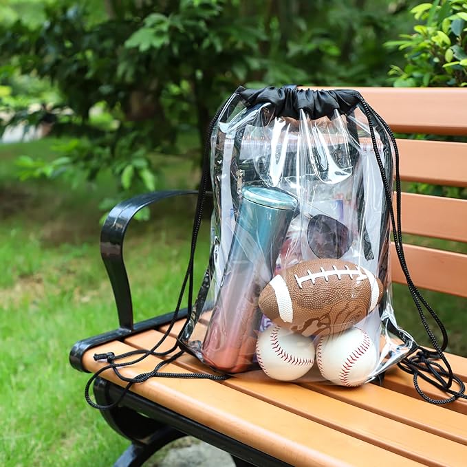 Clear Drawstring Bag, 17x13in Transparent Backpack, Clear Bag for Stadium Approved Concert Baseball Festival Beach Makeup Gym Bag (1, Black)