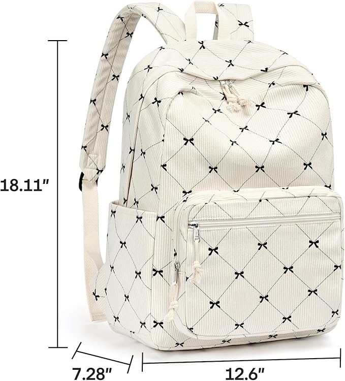 mibasies School Backpack for Girls with Laptop Sleeve: 18IN Large Capacity Corduroy Bookbag for Primary Middle School/College, Travel Daypack for Teens Women - Beige Bow