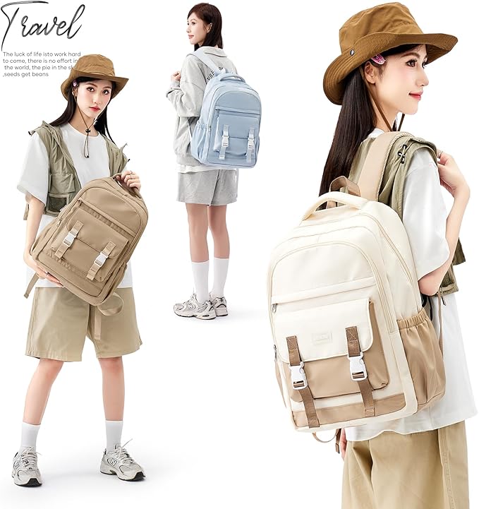 School Backpack For Women Men College Backpack With Lots Of Pockets Cute BookBag Casual Daypack Backpacks For Teens Girls Boys Waterproof(Beige)