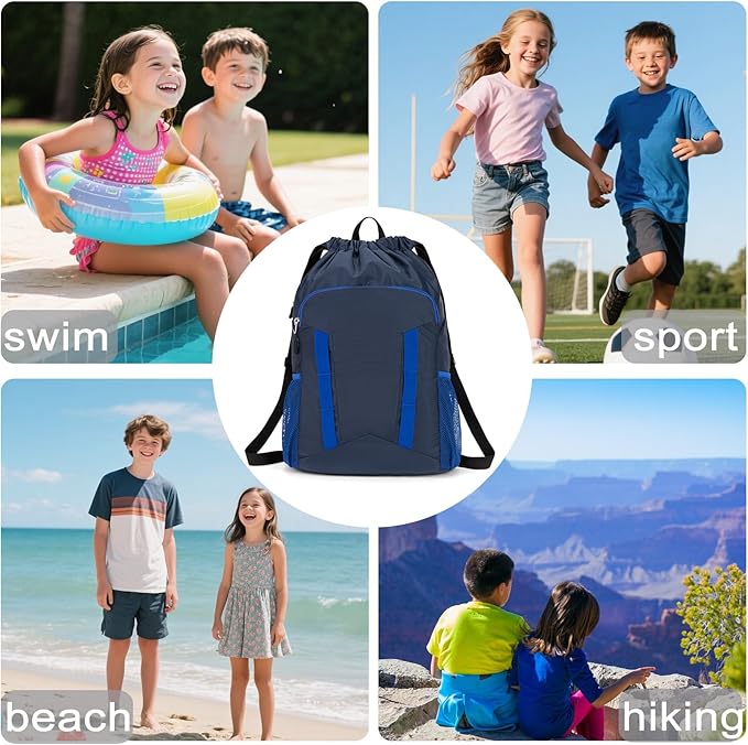 Drawstring Backpack for Kids Sports Gym Bag with Shoes Compartment, Water Resistant Beach Swim Bag String Backpack for Boys and Girls, Dark Blue