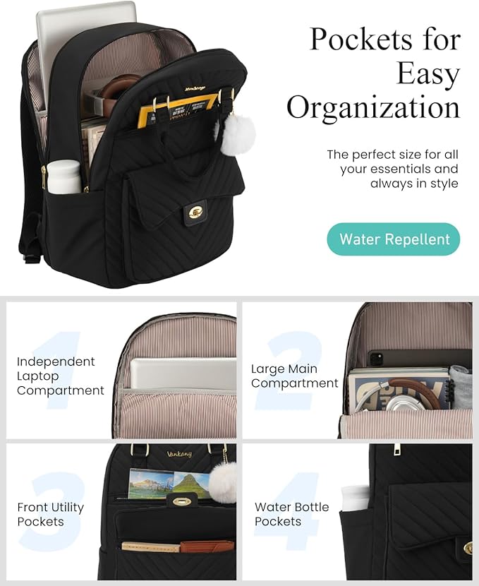 Women Laptop Backpack 17.3in for Work College, Cute School Bag Bookbag for Teen Girls Big Students Middle High School, Black