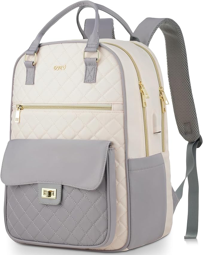 Teen Girls School Backpack,15.6in Laptop Bag for Women,Big Schoolbag for Travel Work Nurse Teacher Uni,Gray-Beige