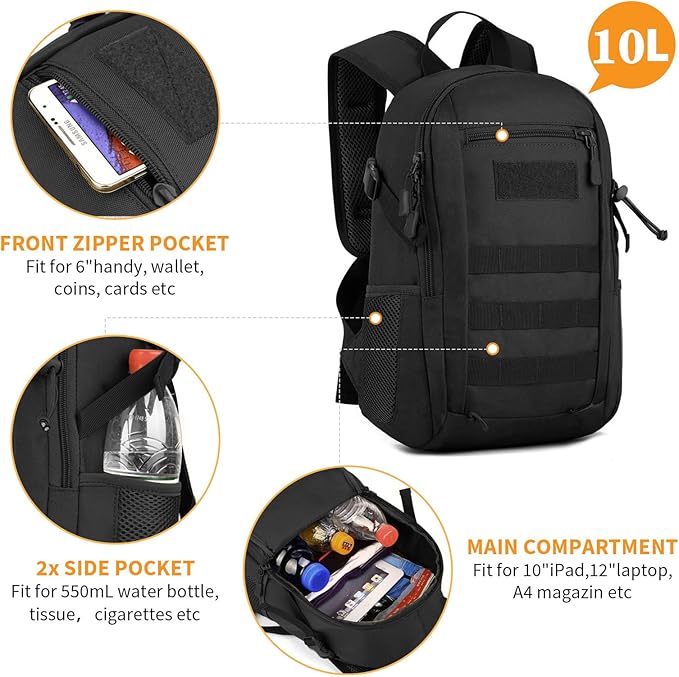 HUNTVP 10L Tactical Backpack Small Backpack Mini Daypack Military MOLLE Rucksack Gear Tactical Assault Pack Bag for Hunting Camping Trekking(10L-Black)