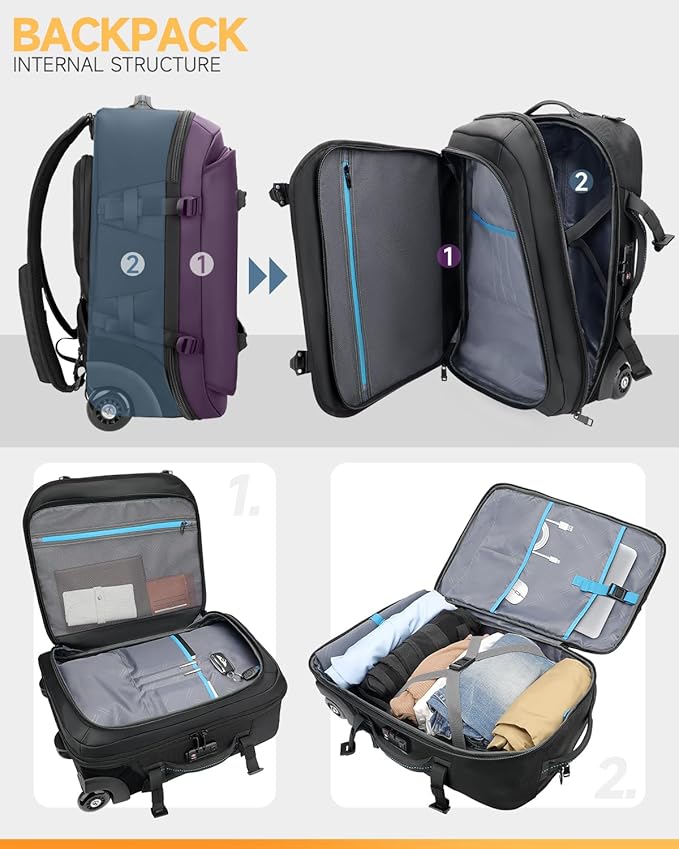Backpack with wheels,Rolling laptop backpack with 2 Packing Cubes,Water-Resistant,Wheeled backpack Suitcase for Men Adults to Travel, Commuting,Black