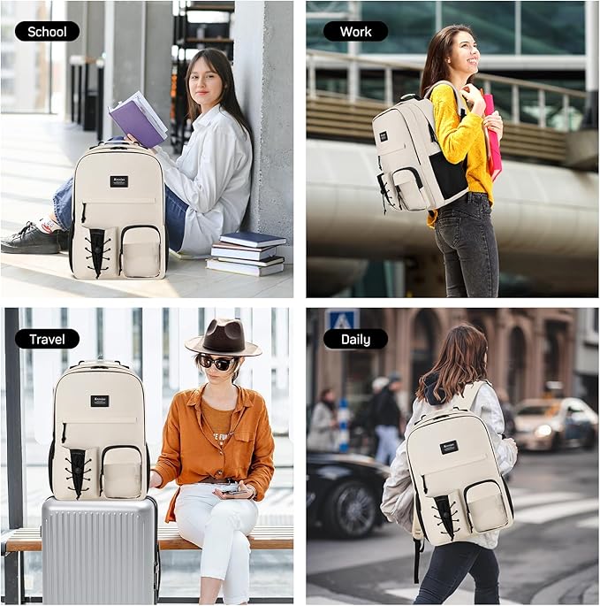 School Backpack for Women, Bookbag for Teen Girls College Backpacks for Students Large 15.6 Inch Laptop Bag for Travel Work, Beige
