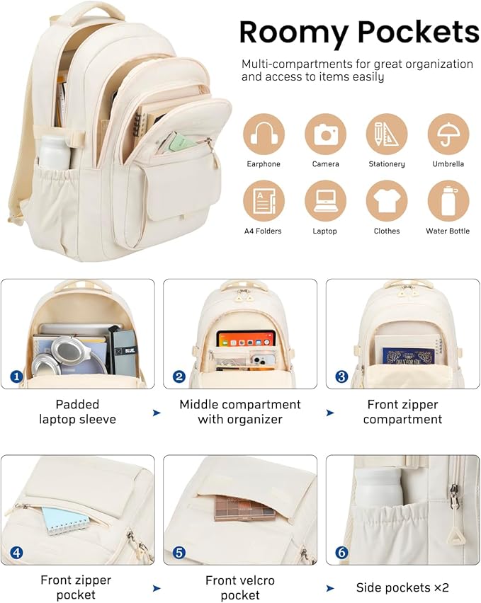 Cute Backpacks for Girls, Teens Aesthetic High School Laptop Backpack College Student Women Bookbag, Mochilas Escolares para Niñas, Beige
