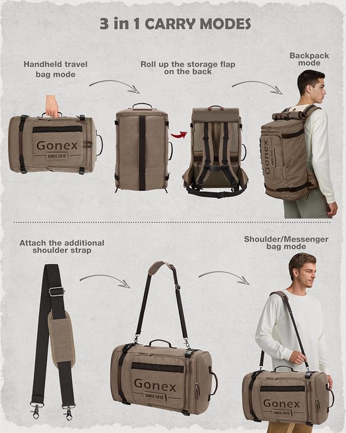 Gonex Canvas Travel Backpack, Large 3-in-1 Convertible Vintage Laptop Duffel Bag for Men & Women, Durable Carry-On for Work, College & Outdoor Adventure (Coffee Brown)