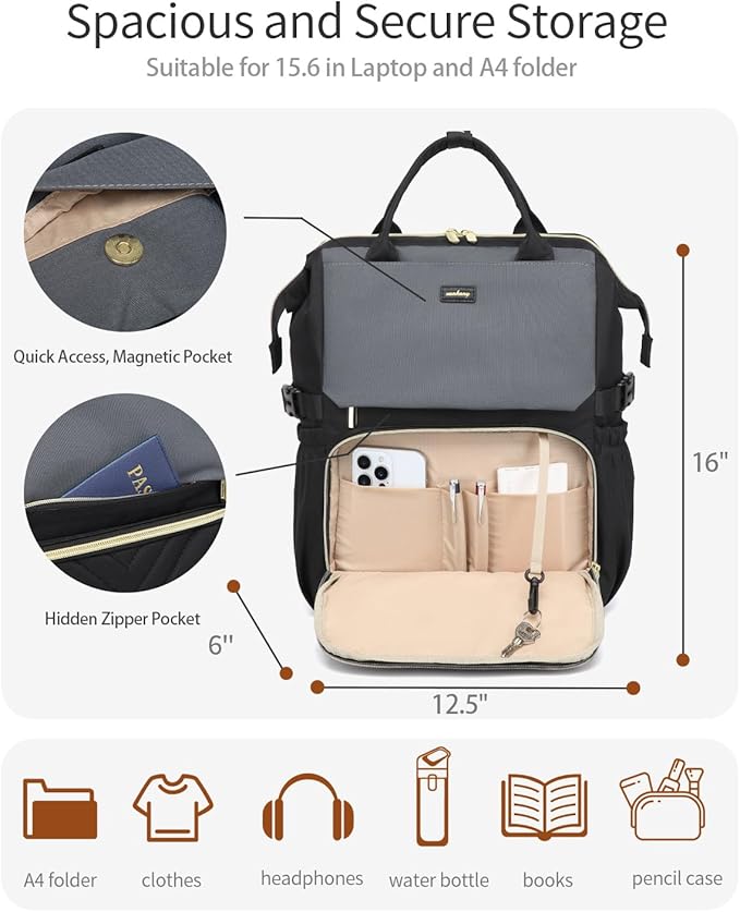 Computer Backpack for Women, Work Bag Laptop Bookbag with Cup Holder & USB Charger for Teacher Nurse College Travel Back Pack, Gifts, Black Gray