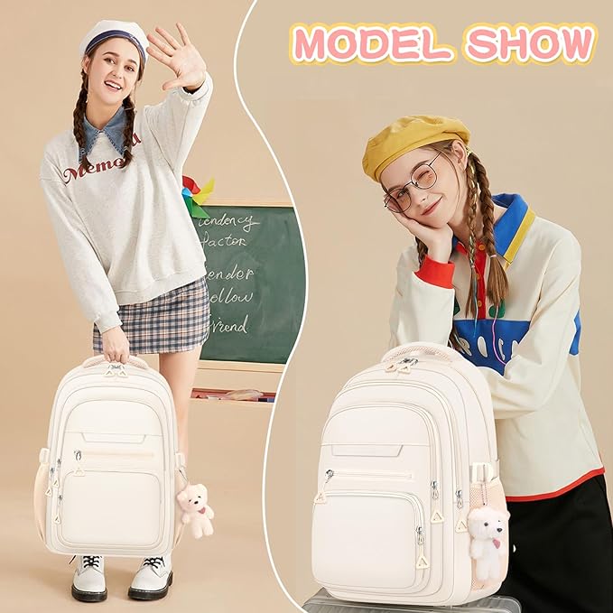 Cute Girls Backpack for School Kids Travel College backpack for Women Teen Beige Bookbags Aesthetic Laptop Bagpack