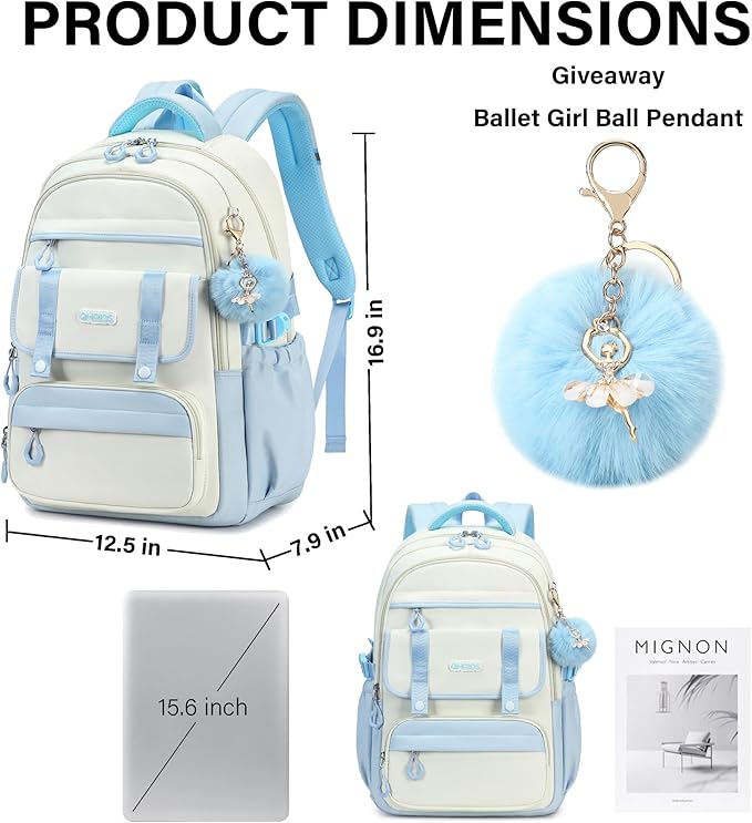 School Backpack for Girls, Laptop Backpack 15.6 Inch Kids Elementary Middle High School Bag Anti Theft Cute College Bookbags for Teens Girls Women Students Casual Travel Daypack,Blue Beige