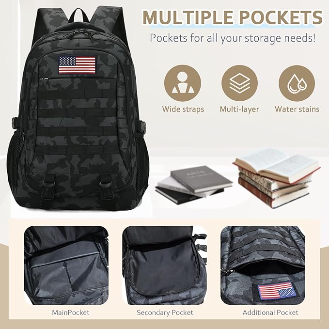 19'' Camo Backpack for Boys - Waterproof Tactical Bookbag for 15.6" Laptop Sleeve & MOLLE System for School Camping Travel