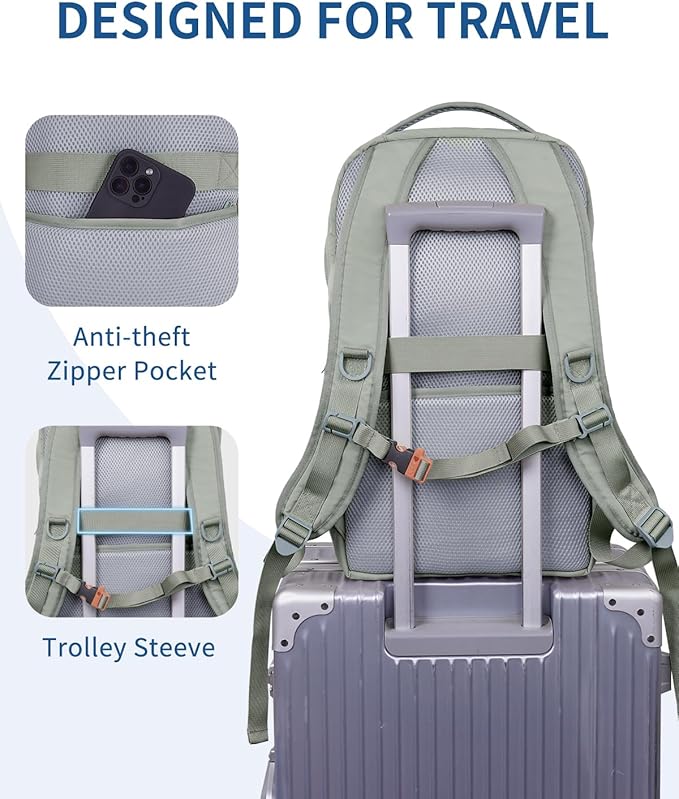 WANDF 15.6-Inch Laptop Backpack for Women, Travel Backpack Water-Resistant Lightweight College Backpack for Work Casual Business Weekender (Green) | Airline Approved, Water Resistant, Lightweight, Travel Bag, with Whistle Buckle