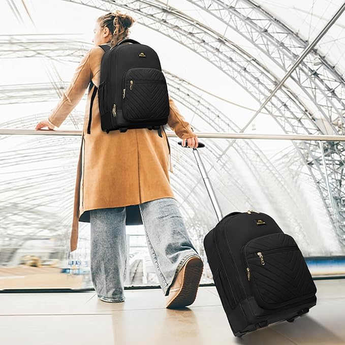 MATEIN Wheeled Backpack, 18 Inch Large Water Resistant Laptop Backpack with Wheels, Carry On Business Roller Bag for Women, Trolley Suitcase for Adults to Travel, Overnight Work Bag for College, Black